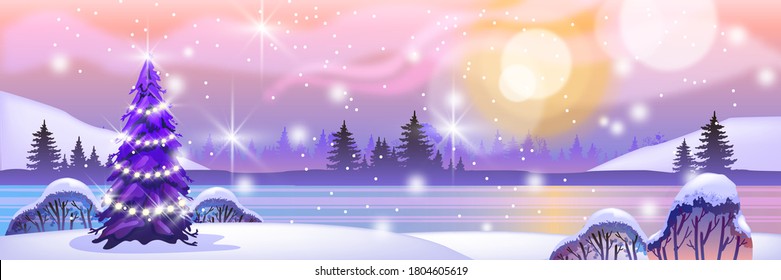 Holiday winter landscape with Christmas tree, garland, frozen lake, forest silhouette, sun. X-mas northern season background with aurora borealis, snow, pine trees. Winter vector landscape