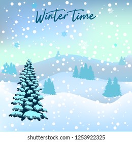 Holiday winter landscape with fir trees forest. Vector illustration.