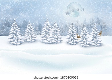 Holiday winter landscape for Merry Christmas with Snowstorm, blizzard, firs, coniferous forest, snow.Christmas scene. Happy new year.Winter landscape with falling christmas shining beautiful snow.