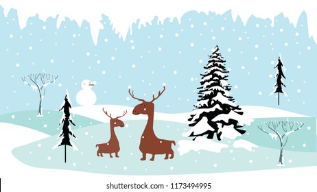 Holiday winter landscape with mountains,snow falling, winter tree, snow man, mommy and son reindeers,Merry Christmas landscape background, Vector illustration