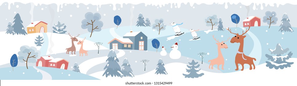 Holiday winter landscape with mountains,snow falling, winter tree, snow man,polar bear playing ice skates,mommy and son reindeers,Merry Christmas landscape background, Vector illustration
