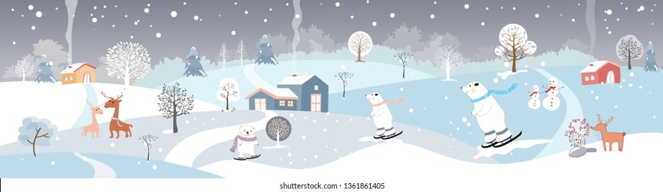 Holiday winter landscape with mountains,snow falling, winter tree, snow man,polar bear playing ice skates,mommy and son reindeers,Merry Christmas landscape background, Vector illustration