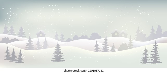 Holiday winter landscape with snow flakes, hills, trees and houses. Christmas background/card. Vector illustration.