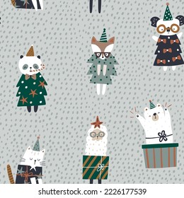 Holiday winter pattern with cartoon animals in Christmas costumes. Seamless festive xmas texture. Perfect for wrapping paper, textile. Vector illustration