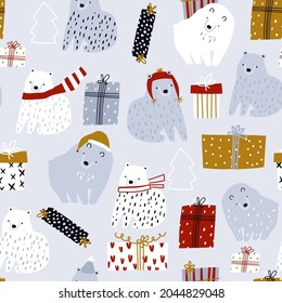 Holiday winter pattern with cartoon bears and gift boxes. Seamless xmas texture.Vector illustration