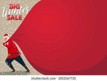 Holiday winter sale banner - Santa Claus pulling a huge heavy bag of gifts