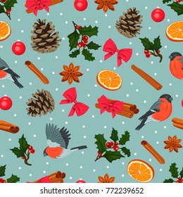 Holiday winter seamless pattern. Seamless pattern with birds, spices, holly and bows