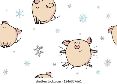 Holiday winter seamless pattern of cute doodle christmas characters in santa hats. Funny piggies - symbol of 2019 year. Hand drawn illustration. Festive backdrop. Wallpaper, cover paper, fabric design