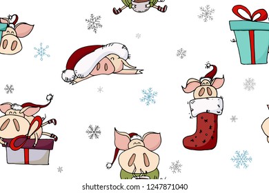 Holiday winter seamless pattern of cute doodle christmas characters in santa hats. Funny piggies - symbol of 2019 year. Hand drawn illustration. Festive backdrop. Wallpaper, cover paper, fabric design