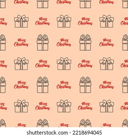 Holiday winter seamless pattern with gift boxes and text Merry Christmas. Endless repeating texture for printing on package, wrapper, fabric, envelope, cards or gift paper for Christmas and New Year.