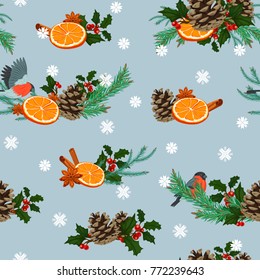 Holiday winter seamless pattern. Seamless pattern with winter plants and birds