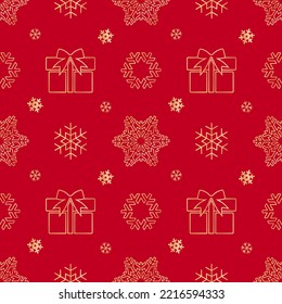 Holiday winter seamless pattern with snowflakes and gift boxes for Christmas and New Year. Endless repeating pattern as wallpaper, fabric print, surface texture, package or gift paper.