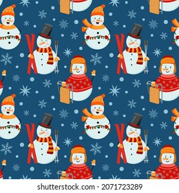 El invierno de vacaciones es un patrón sin fisuras con hombres de nieve sosteniendo esquís, trineo, luces sobre un fondo azul, Perfecto para envolver papel, saludos de invierno, fondo, tarjetas de felicitación de Navidad y Año Nuevo.