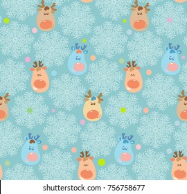 Holiday winter seamless vector pattern with cute Deer and flake of snow
