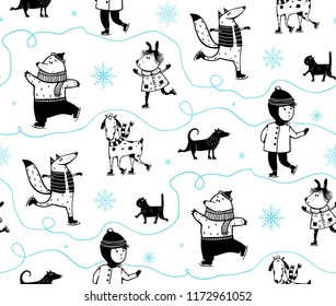 Holiday Winter Skating Animals Pattern. Winter Seasonal cartoon animals and kid pattern.