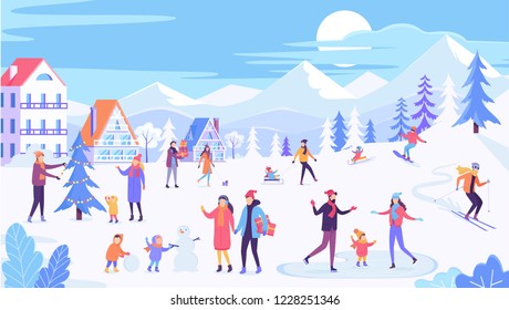 Holiday In The Winter Town And People Have Fun Outdoor 