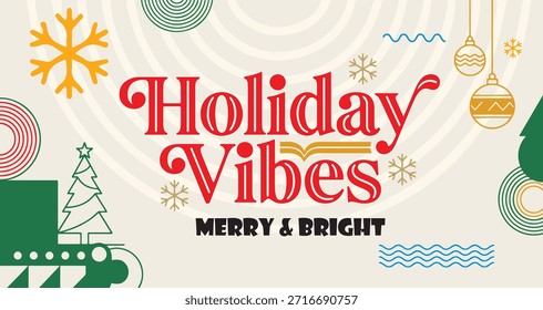 Vector de invierno de Festiva con árbol de Navidad, copos de nieve, adornos y decoraciones retro acogedoras