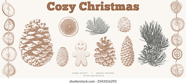 Holiday and Winter-themed Elements. Stippling Christmas Vector Set