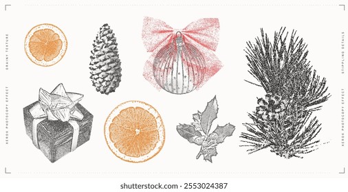 Holiday and Winter-themed Elements. Stippling Christmas Vector Set