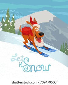 Holiday wishes Let it Snow. Cartoon cute skiing dog pet in Santa hat. New Year Card concept. Snowing Mountains on background. Template design Merry Christmas season greeting card. Vector Illustration