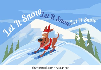 Holiday wishes Let it Snow. Cartoon cute skiing dog pet in Santa hat. New Year Card concept. Snowing Mountains on background. Template design Merry Christmas season greeting card. Vector Illustration