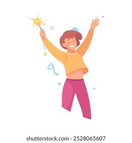 Holiday with Woman Character with Firecracker Cheering Vector Illustration