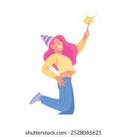 Holiday with Woman Character with Firecracker Cheering Vector Illustration
