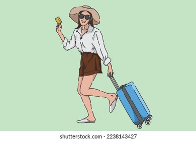 Holiday. Woman holding card while on vacation.Flat image