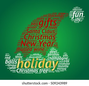 Holiday word cloud concept in shape of Santa hat on gradient green background. Vector.