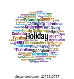Holiday word cloud. Typography design text. Composition of words that show activities and practical aspects during holidays. Isolated white background.