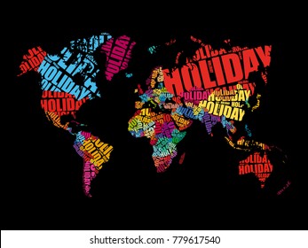 HOLIDAY word in shape of World Map Typography, words cloud travel concept background