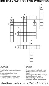 Holiday Words And Wonders Crossword Puzzle Grid Numbered Clues Across Down Winter Theme