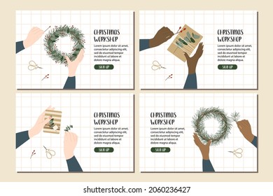 Holiday workshop. Woman make christmas wreath, packing christmas gift. Eco decoration. Presents in kraft paper. Rustic gift box. Xmas and New Year celebration preparation. Vector flat cartoon style