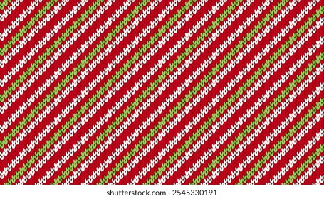 Papel de regalo de Festiva. Bastón de caramelo rayado sin patrón. Navidades tejidas de punto rojo verde de fondo. Estampados navideños con líneas diagonales. Textura geométrica Abstractas. Ilustración vectorial.