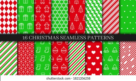 Holiday wrapping paper. Christmas seamless patterns collection. Xmas New year texture. Festive seamless background with holly, bells, snowflakes, candycane lollipop and geometric ornament. Vector