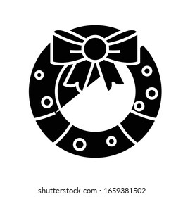 Holiday wreath black icon, concept illustration, vector flat symbol, glyph sign.