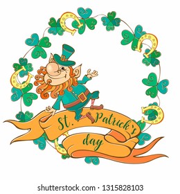 Holiday wreath card with leprechaun on St. Patrick's day