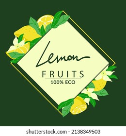 Holiday wreath decorated with ripe yellow lemons, hand-drawn. Isolated on a dark background. Sample poster, party invitation, holiday banner, postcard. Vector cartoon illustration in close-up.