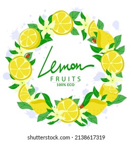 Holiday wreath decorated with ripe yellow lemons, cartoon style painted elements. Isolated on white background. Juice blobs. Ladybugs. Sample poster, party invitation, holiday banner, postcard. 