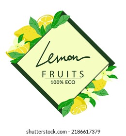Holiday wreath decorated with ripe yellow lemons, hand-drawn. Isolated on a white background. Sample poster, party invitation, holiday banner, postcard. Vector close-up cartoon illustration.