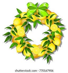 Holiday wreath decorated with ripe yellow lemons and green ribbon bow isolated on white background. Sample of poster, party invitation, festive banner, card. Vector cartoon close-up illustration.