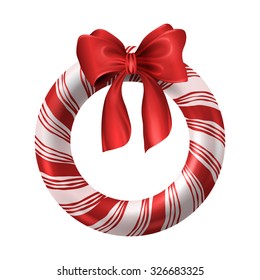 Holiday wreath decoration with bow and ribbon like candy. Vector isolated illustration. Easy to recolor