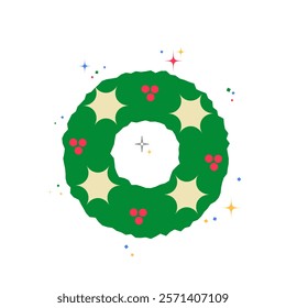 Holiday Wreath With Holly Leaves And Berries In Flat Vector Illustration Symbolizing Christmas, Festive Spirit, And Decoration, Isolated On White Background