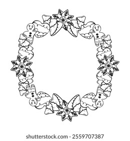 A holiday wreath illustration featuring gingerbread cookies shaped as a man, Christmas tree, snowflake, and heart. The balanced sketch-style design has space for text or logos