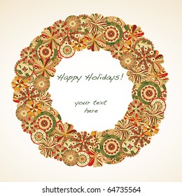 Holiday Wreath made of retro florals with room for text.