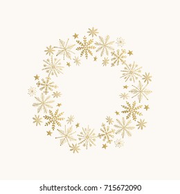 Holiday Wreath With Snowflakes And Stars. Hand Drawn Golden Frame. Vector Illustration. Isolated.