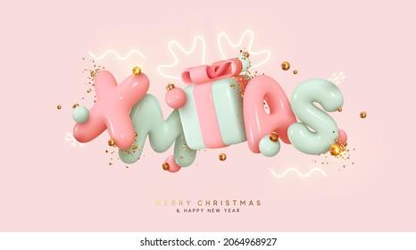 Holiday Xmas gift box blue and pink soft pastel colors. Festive background Merry Christmas and Happy New Year. Realistic 3d text design, present surprise, golden bauble balls and falling gold confetti