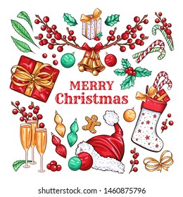 Holiday Xmas party vector decoration objects set. Cartoon color gift box, champagne, socks, bells. Holli Ilex, candy canes and santa claus hat. Christmas greeting card, poster design. New Year symbols