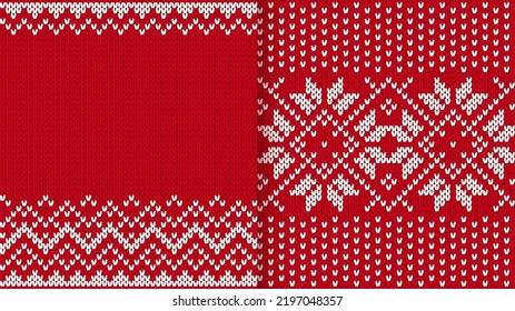 Holiday Xmas winter ornament. Christmas knit print. Set of seamless patterns. Festive crochet. Vector. Red knitted sweater textures. Fair isle traditional geometric backgrounds.