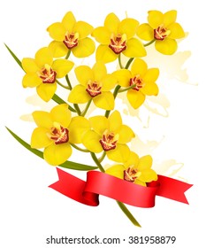Holiday yellow flowers background with red ribbon. Vector.